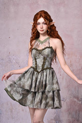 Light Green Halterneck Double-Layered Print Ruffle Lace Tie-dyed Vintage Jsk Dress